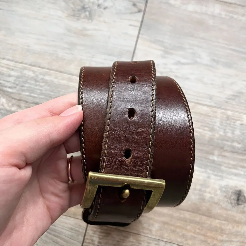 Eddie Bauer Brown Leather Belt Size 38 Brass Buckle Classic Casual Gold Stitch